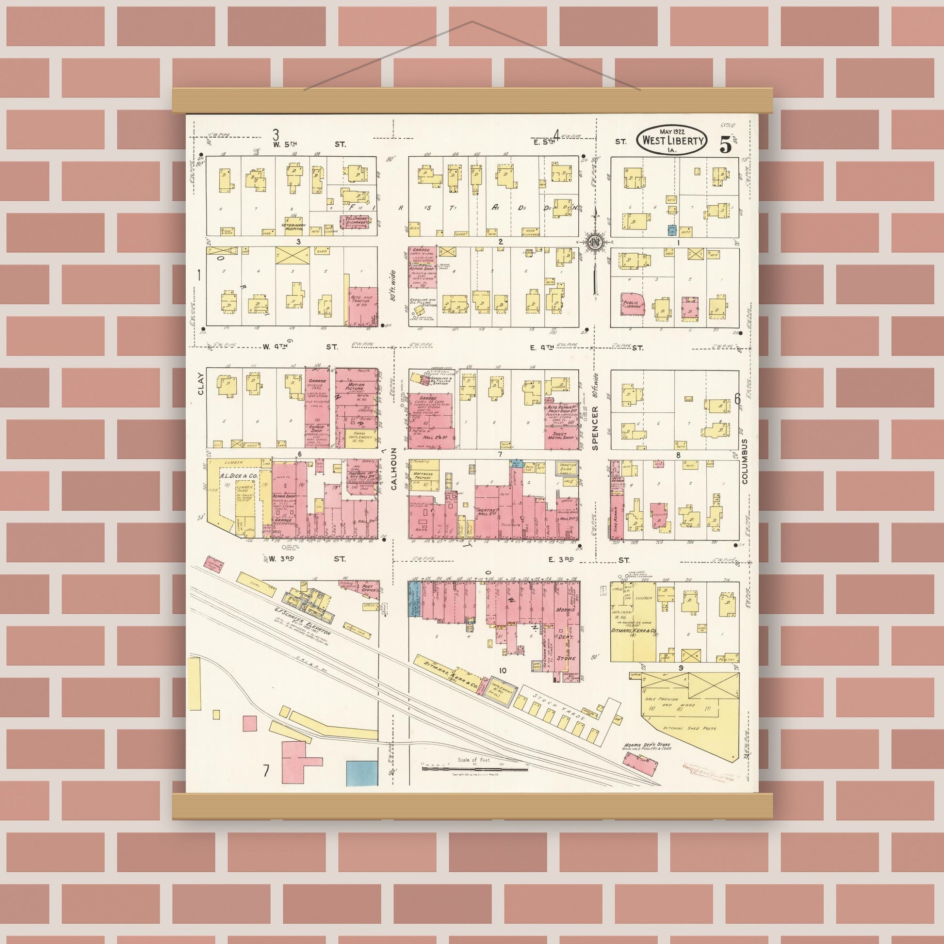 Old map wall art mockup — magnetic wood frame on brick wall — Sanborn Fire Insurance Map from West Liberty, Muscatine County, Iowa (1922), Sheet #0005
