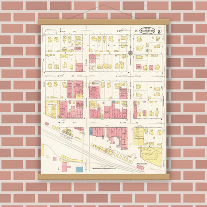 Old map wall art mockup — magnetic wood frame on brick wall — Sanborn Fire Insurance Map from West Liberty, Muscatine County, Iowa (1922), Sheet #0005