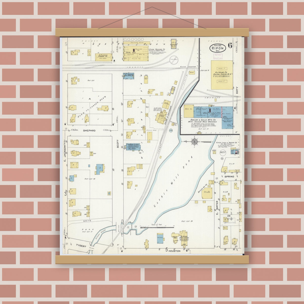 Old map wall art mockup — magnetic wood frame on brick wall — Sanborn Fire Insurance Map from Ripon, Fond du Lac County, Wisconsin (1913), Sheet #0006
