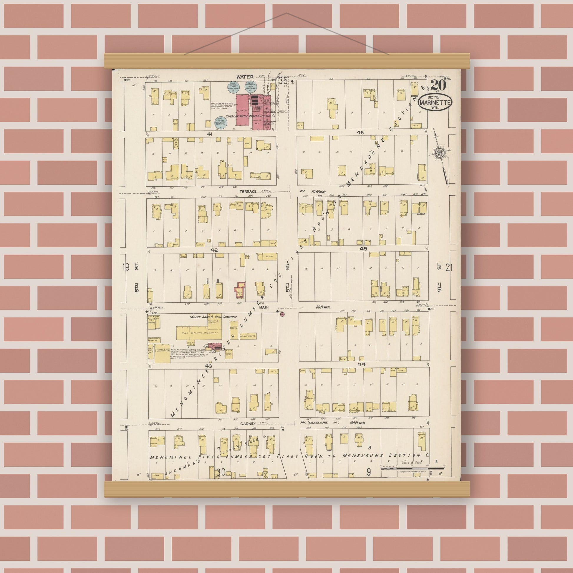 Old map wall art mockup — magnetic wood frame on brick wall — Sanborn Fire Insurance Map from Marinette, Marinette County, Wisconsin (1921), Sheet #0020