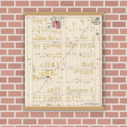 Old map wall art mockup — magnetic wood frame on brick wall — Sanborn Fire Insurance Map from Marinette, Marinette County, Wisconsin (1921), Sheet #0020