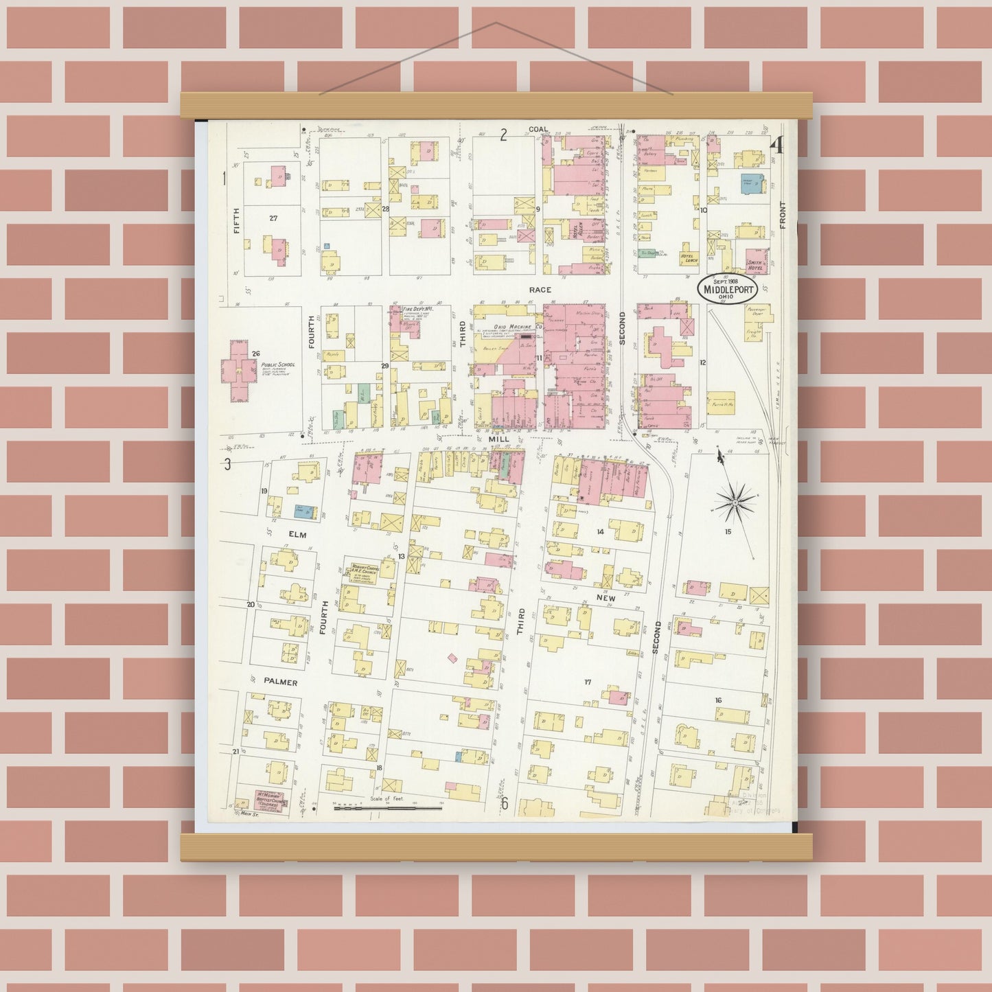 Old map wall art mockup — magnetic wood frame on brick wall — Sanborn Fire Insurance Map from Middleport, Meigs County, Ohio (1908), Sheet #0004