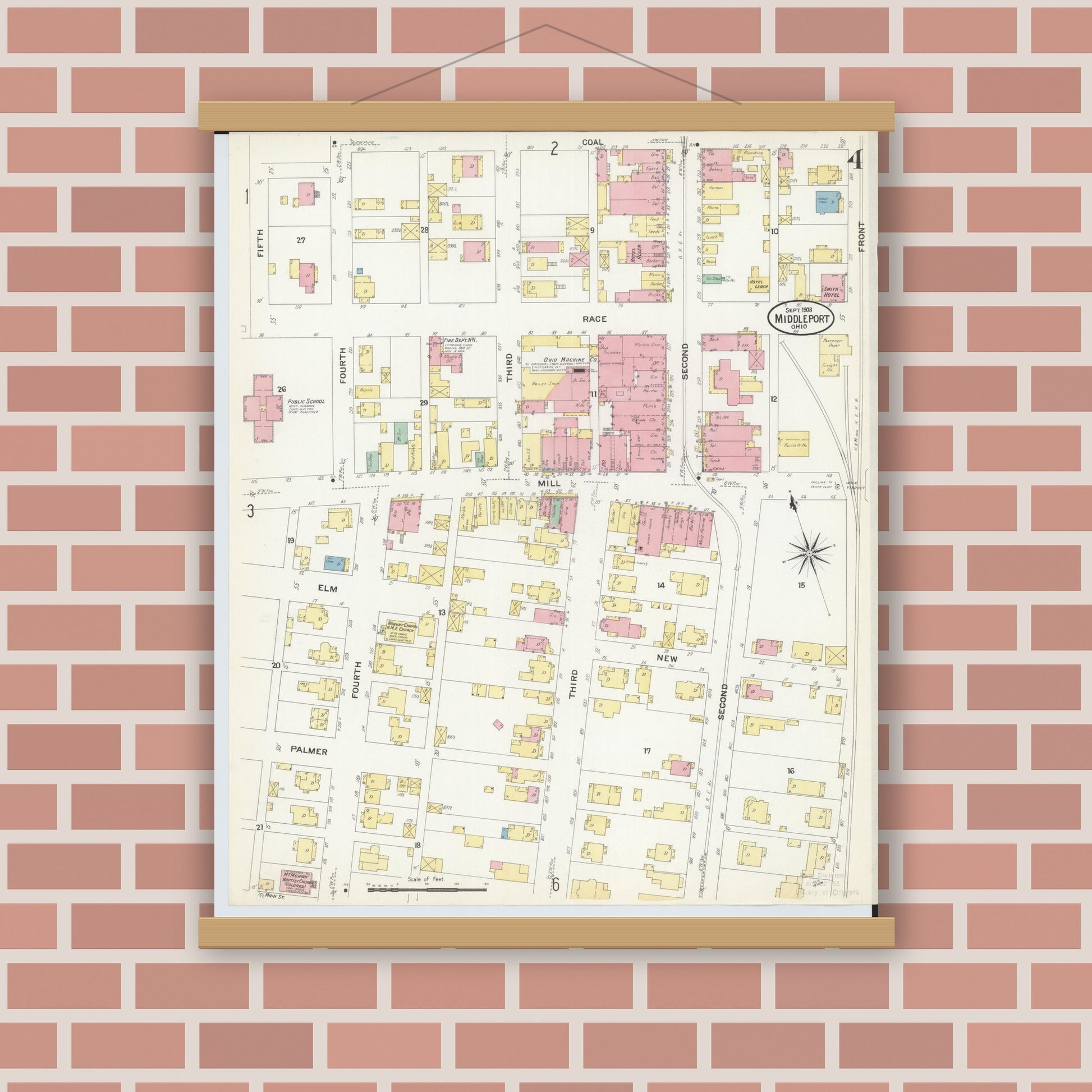 Old map wall art mockup — magnetic wood frame on brick wall — Sanborn Fire Insurance Map from Middleport, Meigs County, Ohio (1908), Sheet #0004