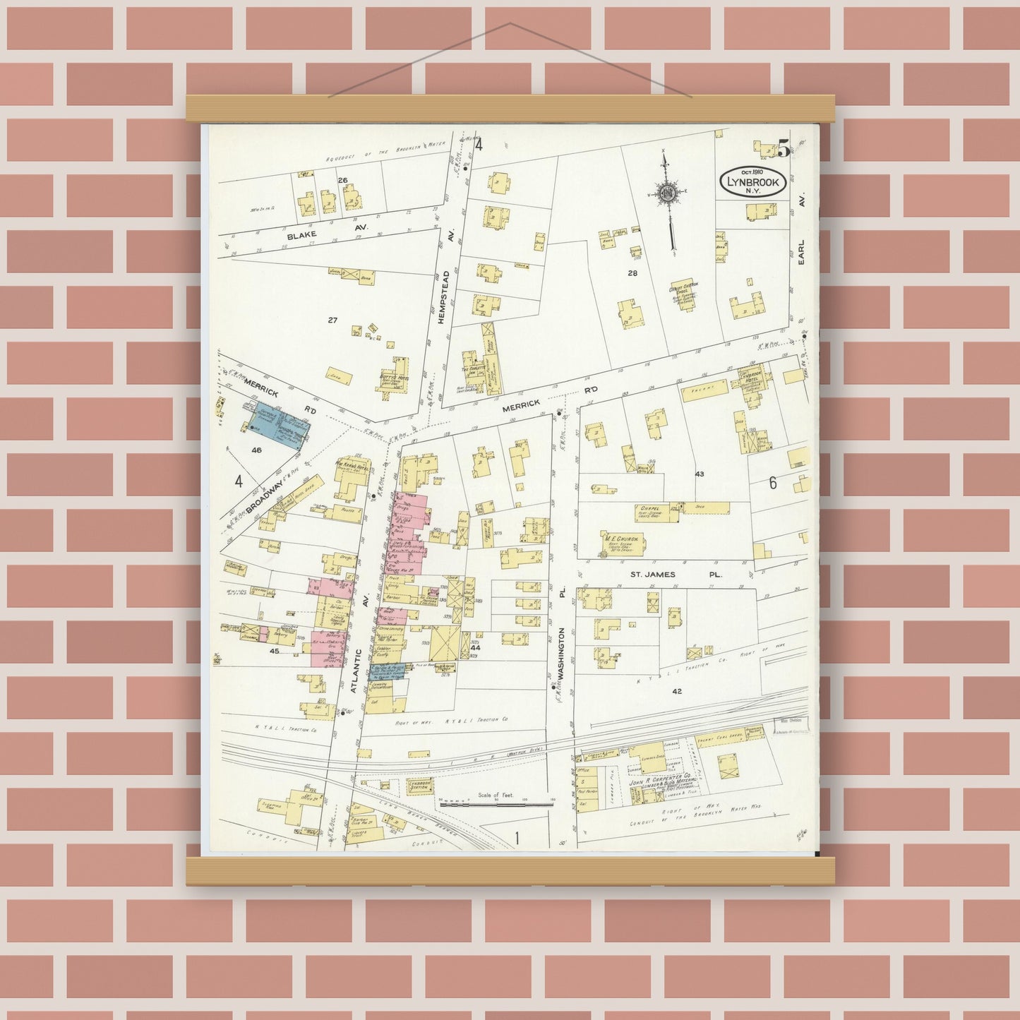 Old map wall art mockup — magnetic wood frame on brick wall — Sanborn Fire Insurance Map from Lynbrook, Nassau County, New York (1910), Sheet #0005
