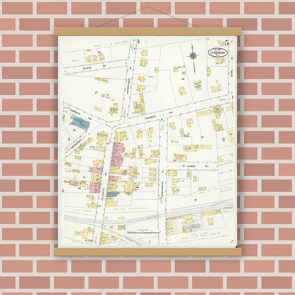 Old map wall art mockup — magnetic wood frame on brick wall — Sanborn Fire Insurance Map from Lynbrook, Nassau County, New York (1910), Sheet #0005