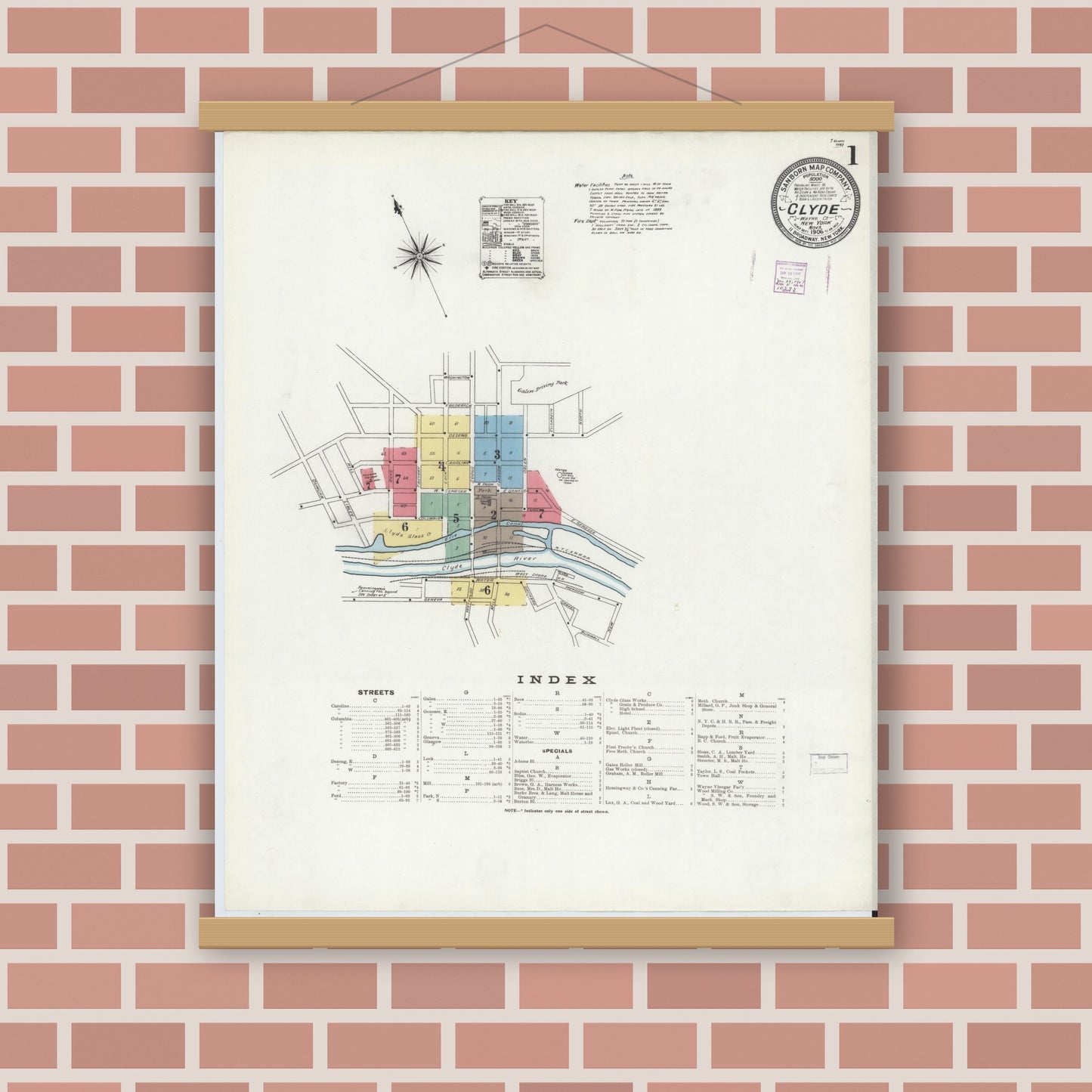 Old map wall art mockup — magnetic wood frame on brick wall — Sanborn Fire Insurance Map from Clyde, Wayne County, New York (1906) - Complete Map Set