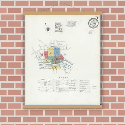 Old map wall art mockup — magnetic wood frame on brick wall — Sanborn Fire Insurance Map from Clyde, Wayne County, New York (1906) - Complete Map Set