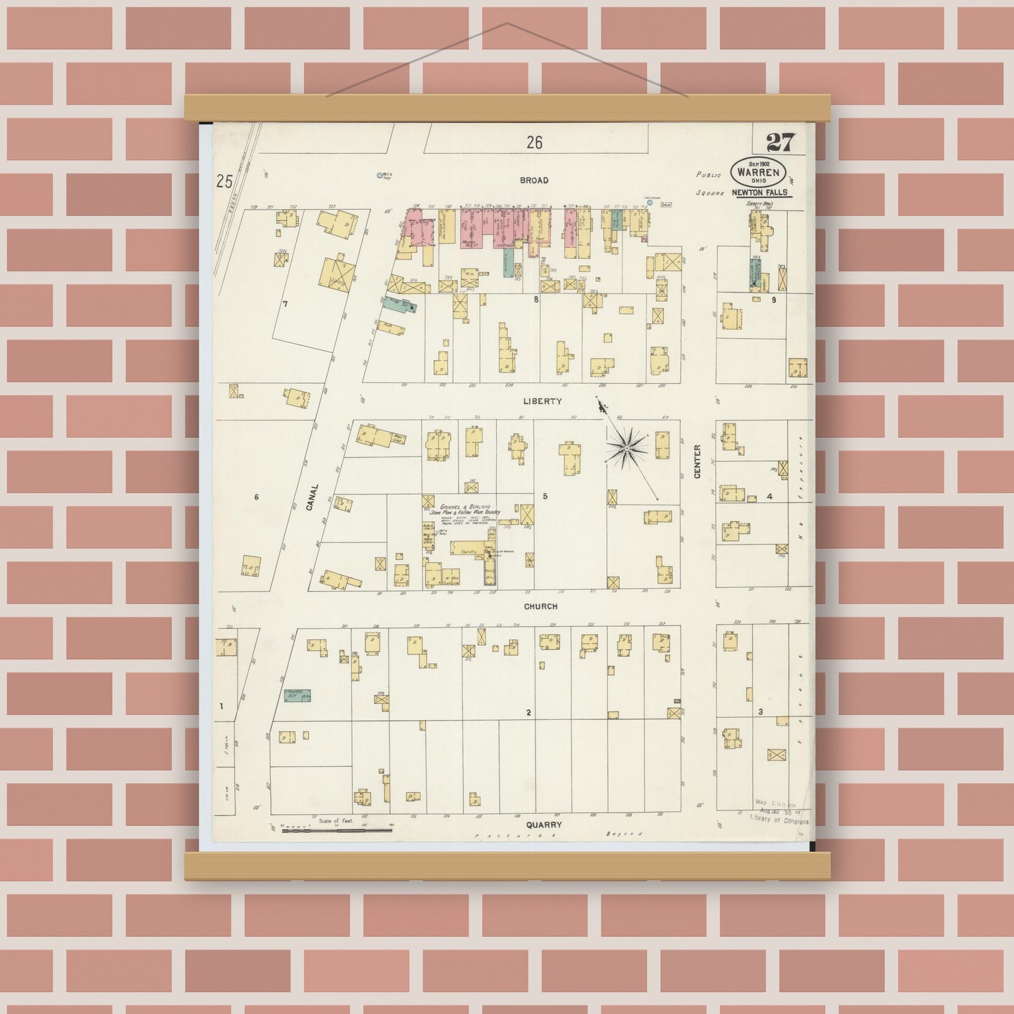 Old map wall art mockup — magnetic wood frame on brick wall — Sanborn Fire Insurance Map from Warren, Trumbull County, Ohio (1902), Sheet #0027