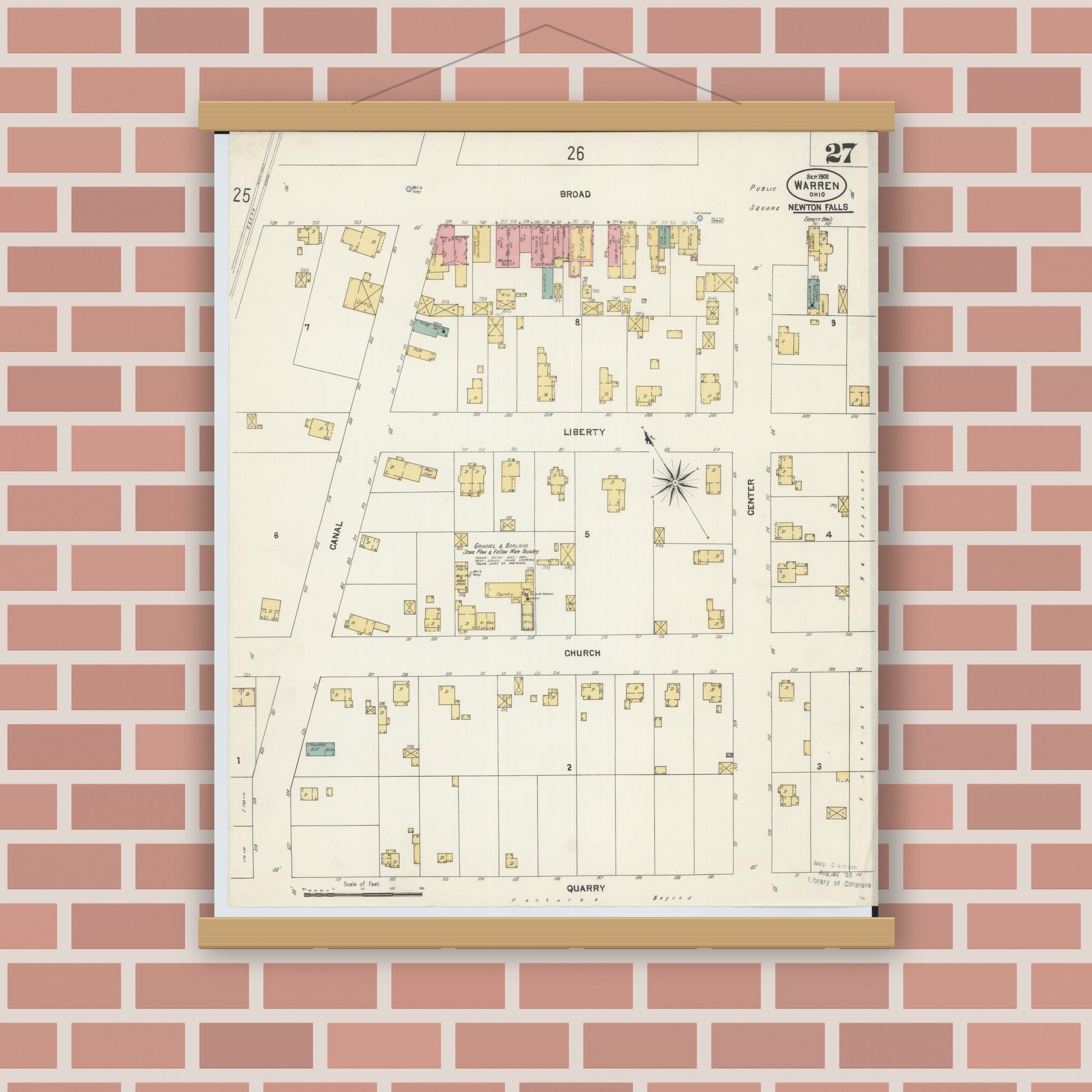 Old map wall art mockup — magnetic wood frame on brick wall — Sanborn Fire Insurance Map from Warren, Trumbull County, Ohio (1902), Sheet #0027