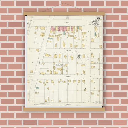 Old map wall art mockup — magnetic wood frame on brick wall — Sanborn Fire Insurance Map from Warren, Trumbull County, Ohio (1902), Sheet #0027