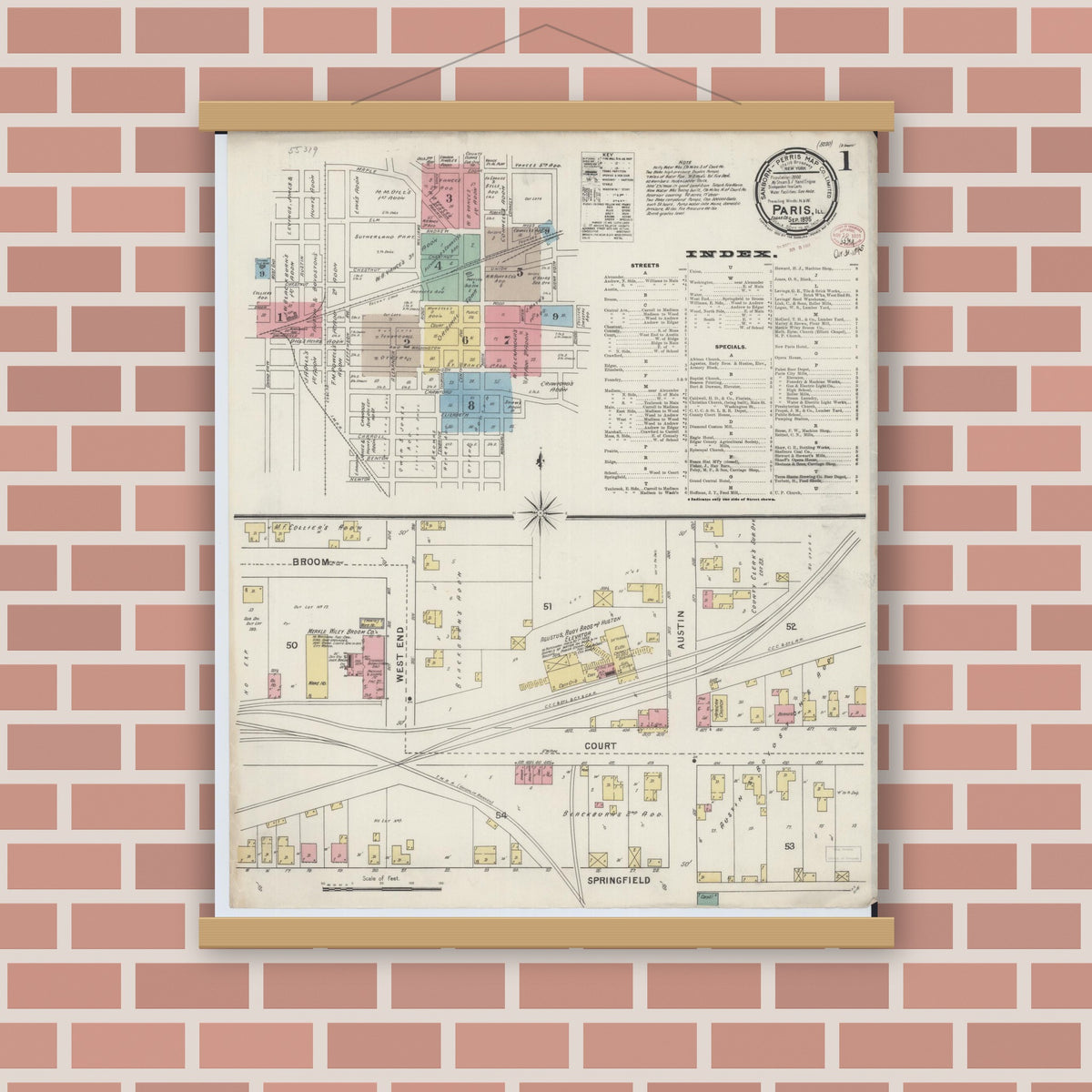 Old map wall art mockup — magnetic wood frame on brick wall — Sanborn Fire Insurance Map from Paris, Edgar County, Illinois (1895), Sheet #0001