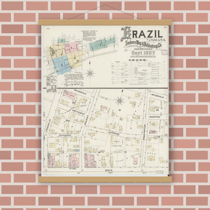 Old map wall art mockup — magnetic wood frame on brick wall — Sanborn Fire Insurance Map from Brazil, Clay County, Indiana (1887) - Complete Map Set