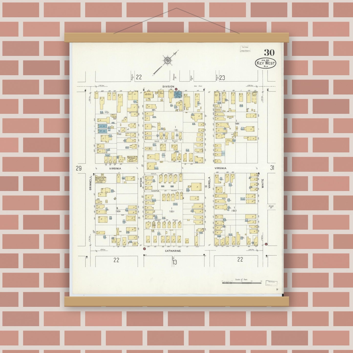 Old map wall art mockup — magnetic wood frame on brick wall — Sanborn Fire Insurance Map from Key West, Monroe County, Florida (1912), Sheet #0030