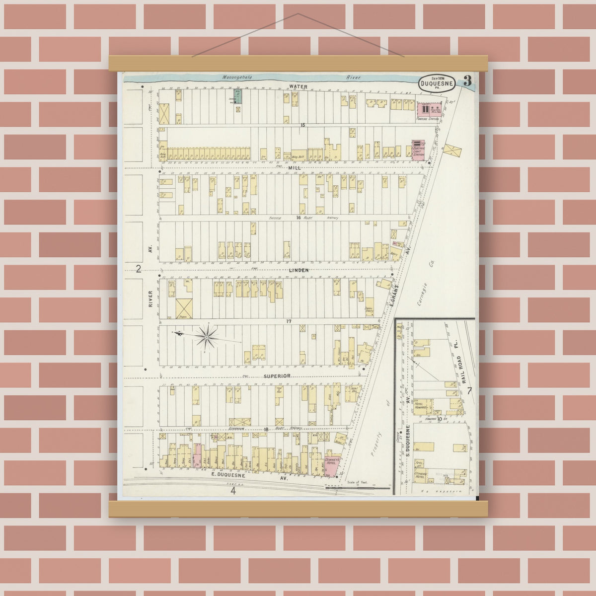 Old map wall art mockup — magnetic wood frame on brick wall — Sanborn Fire Insurance Map from Duquesne, Allegheny County, Pennsylvania (1896), Sheet #0003