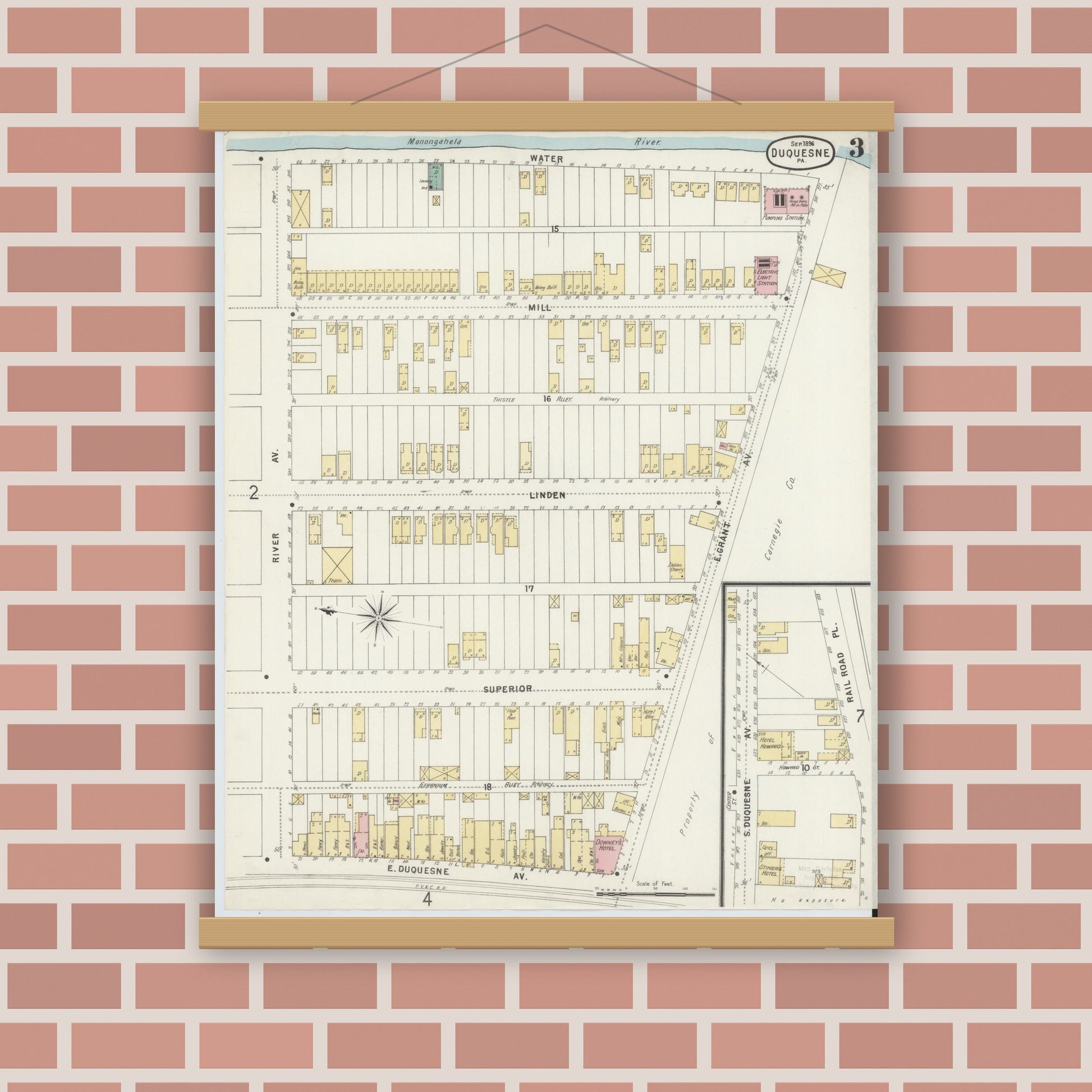 Old map wall art mockup — magnetic wood frame on brick wall — Sanborn Fire Insurance Map from Duquesne, Allegheny County, Pennsylvania (1896), Sheet #0003