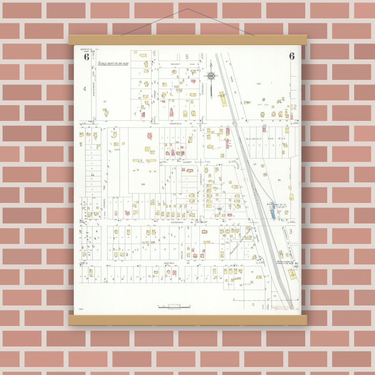 Old map wall art mockup — magnetic wood frame on brick wall — Sanborn Fire Insurance Map from Deerfield, Lake County, Illinois (1935), Sheet #0006