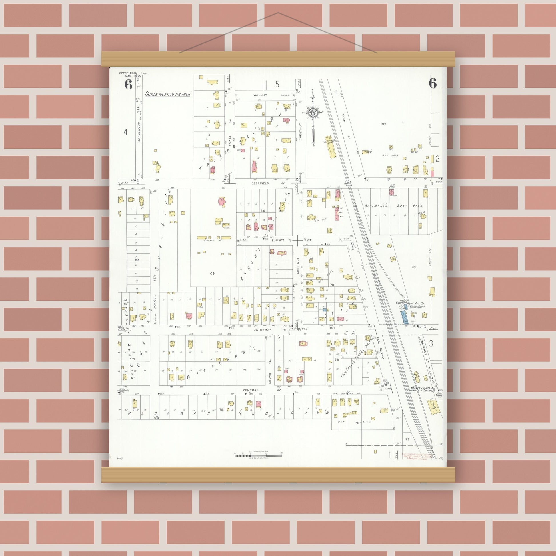 Old map wall art mockup — magnetic wood frame on brick wall — Sanborn Fire Insurance Map from Deerfield, Lake County, Illinois (1935), Sheet #0006