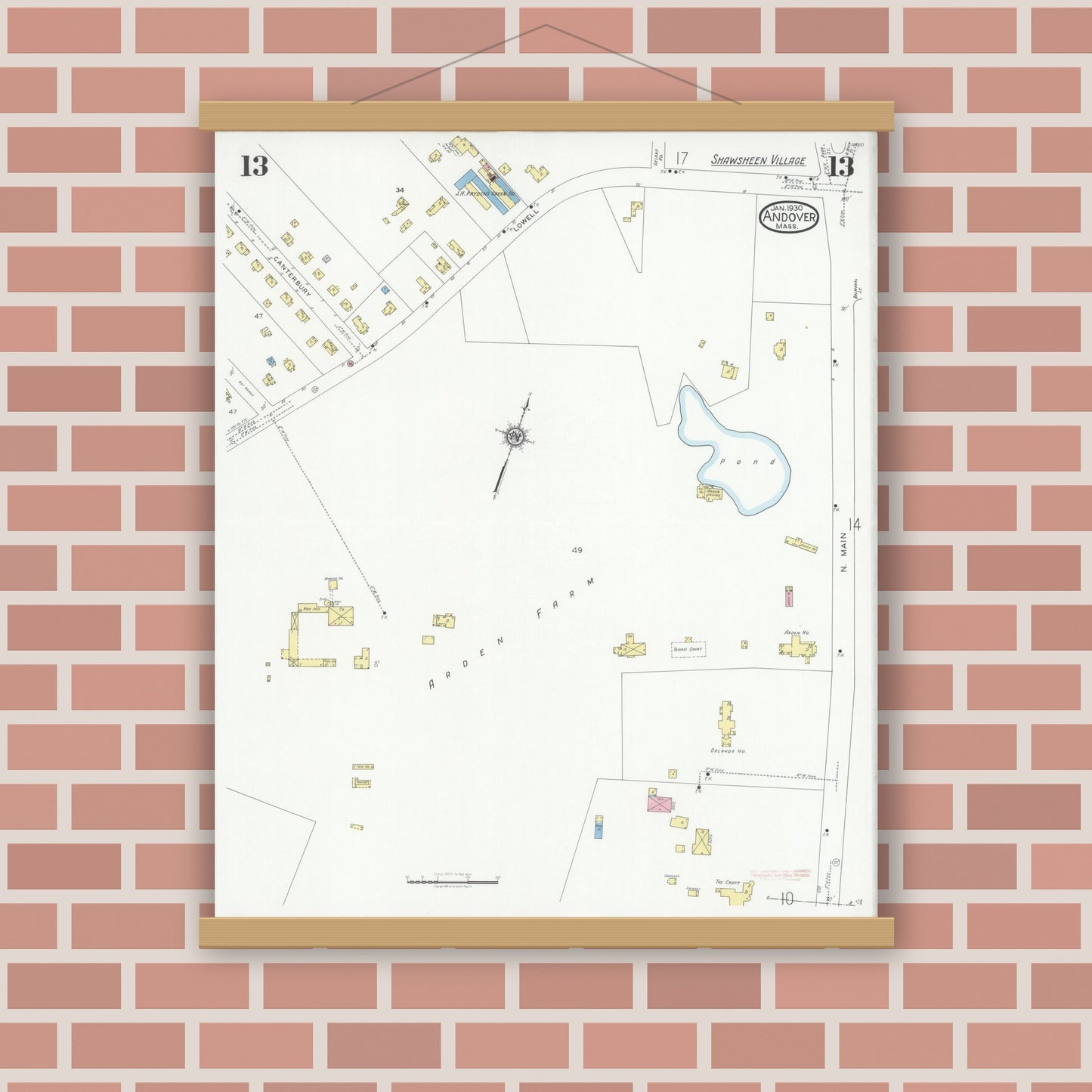 Old map wall art mockup — magnetic wood frame on brick wall — Sanborn Fire Insurance Map from Andover, Essex County, Massachusetts (1930), Sheet #0013