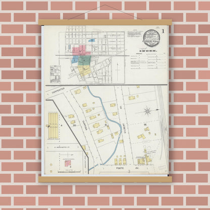 Old map wall art mockup — magnetic wood frame on brick wall — Sanborn Fire Insurance Map from Downers Grove, Dupage County, Illinois (1892) - Complete Map Set