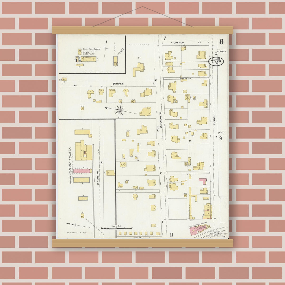 Old map wall art mockup — magnetic wood frame on brick wall — Sanborn Fire Insurance Map from Tyler, Smith County, Texas (1898), Sheet #0008