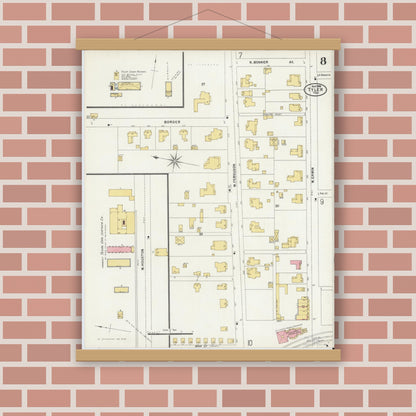 Old map wall art mockup — magnetic wood frame on brick wall — Sanborn Fire Insurance Map from Tyler, Smith County, Texas (1898), Sheet #0008