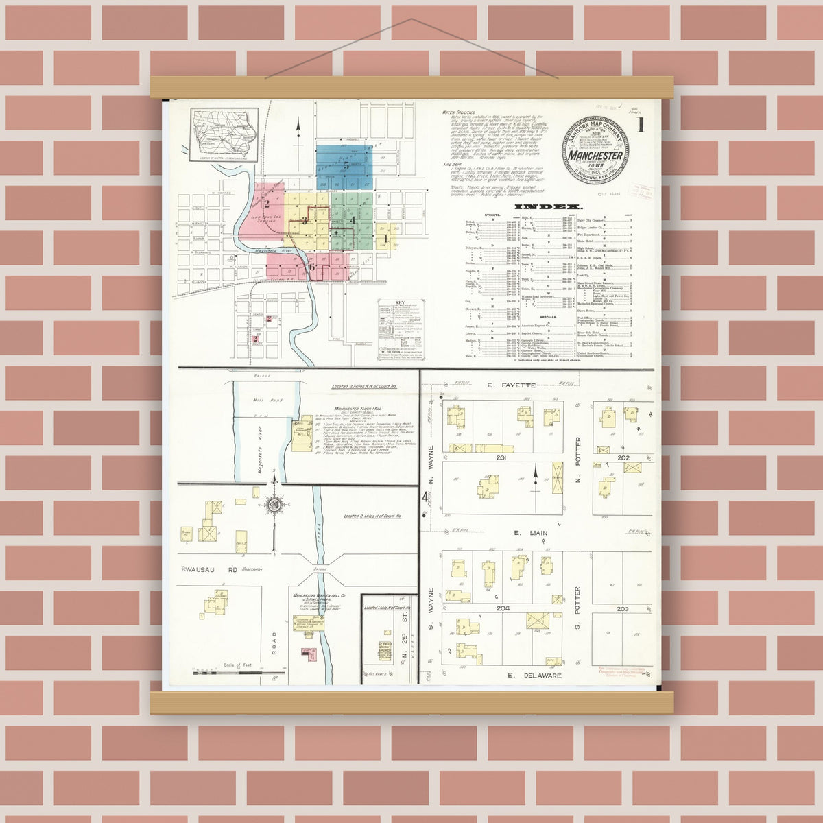 Old map wall art mockup — magnetic wood frame on brick wall — Sanborn Fire Insurance Map from Manchester, Delaware County, Iowa (1913) â€” Complete Set
