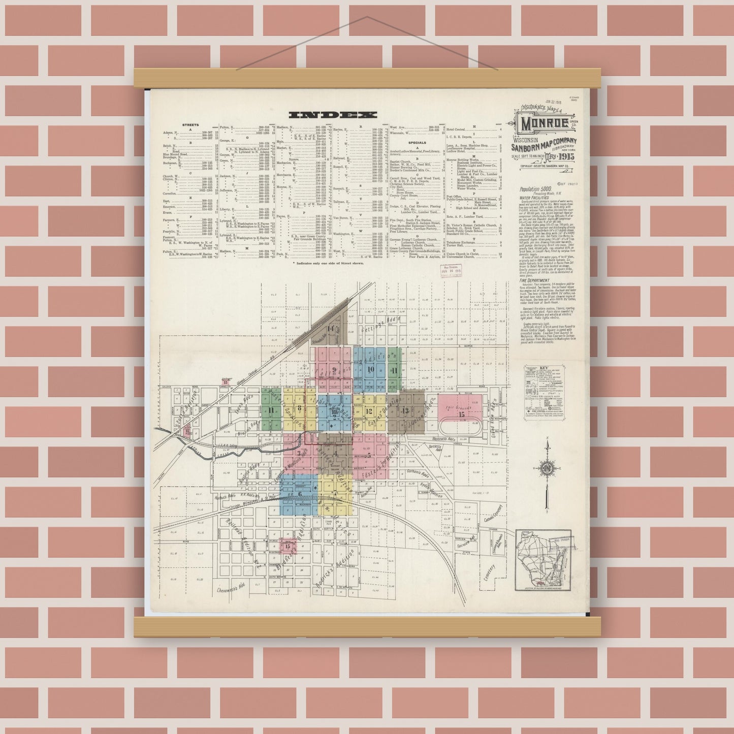 Old map wall art mockup — magnetic wood frame on brick wall — Sanborn Fire Insurance Map from Monroe, Green County, Wisconsin (1915) - Complete Map Set