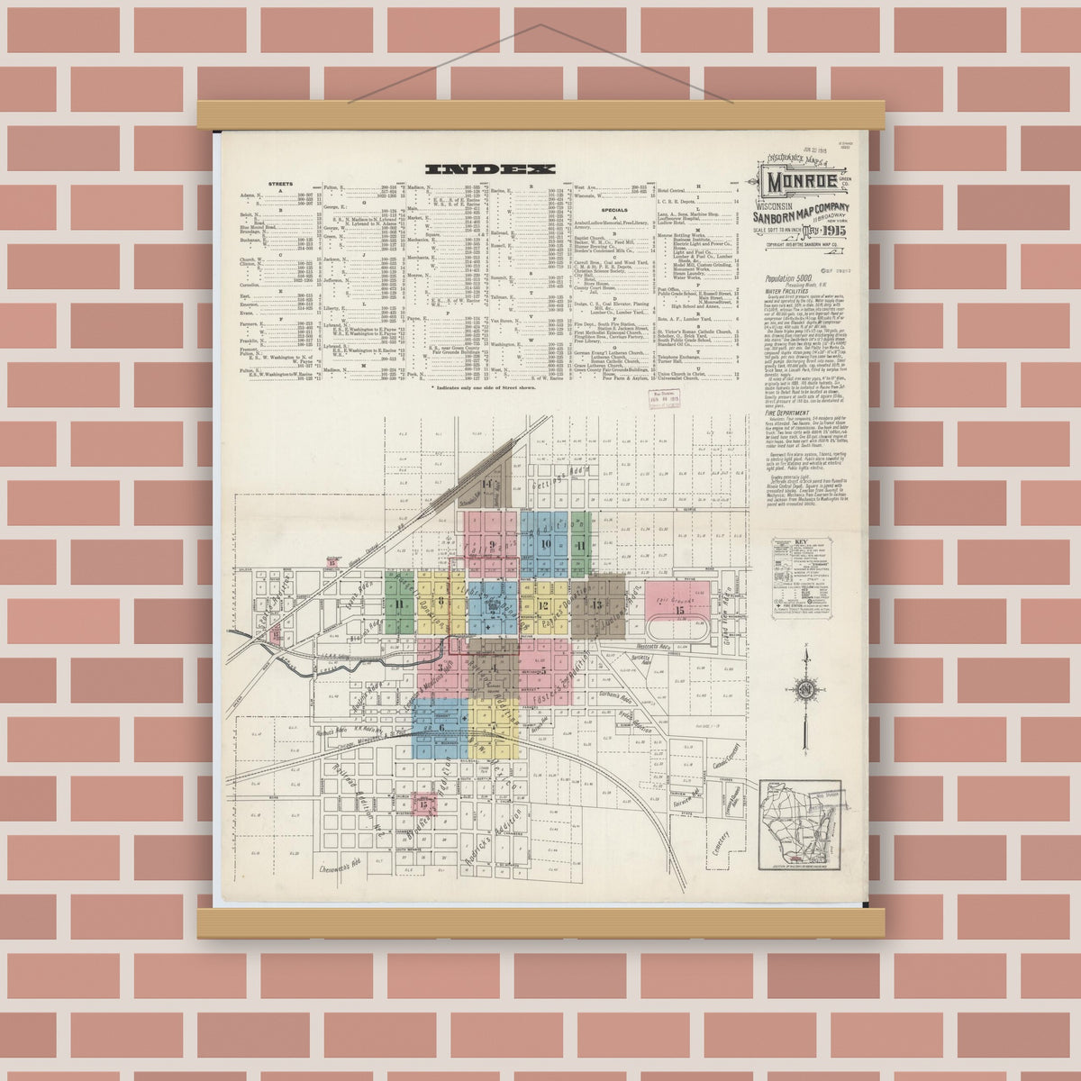 Old map wall art mockup — magnetic wood frame on brick wall — Sanborn Fire Insurance Map from Monroe, Green County, Wisconsin (1915) - Complete Map Set