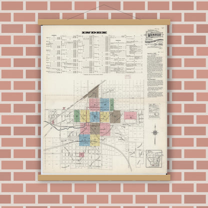 Old map wall art mockup — magnetic wood frame on brick wall — Sanborn Fire Insurance Map from Monroe, Green County, Wisconsin (1915) - Complete Map Set