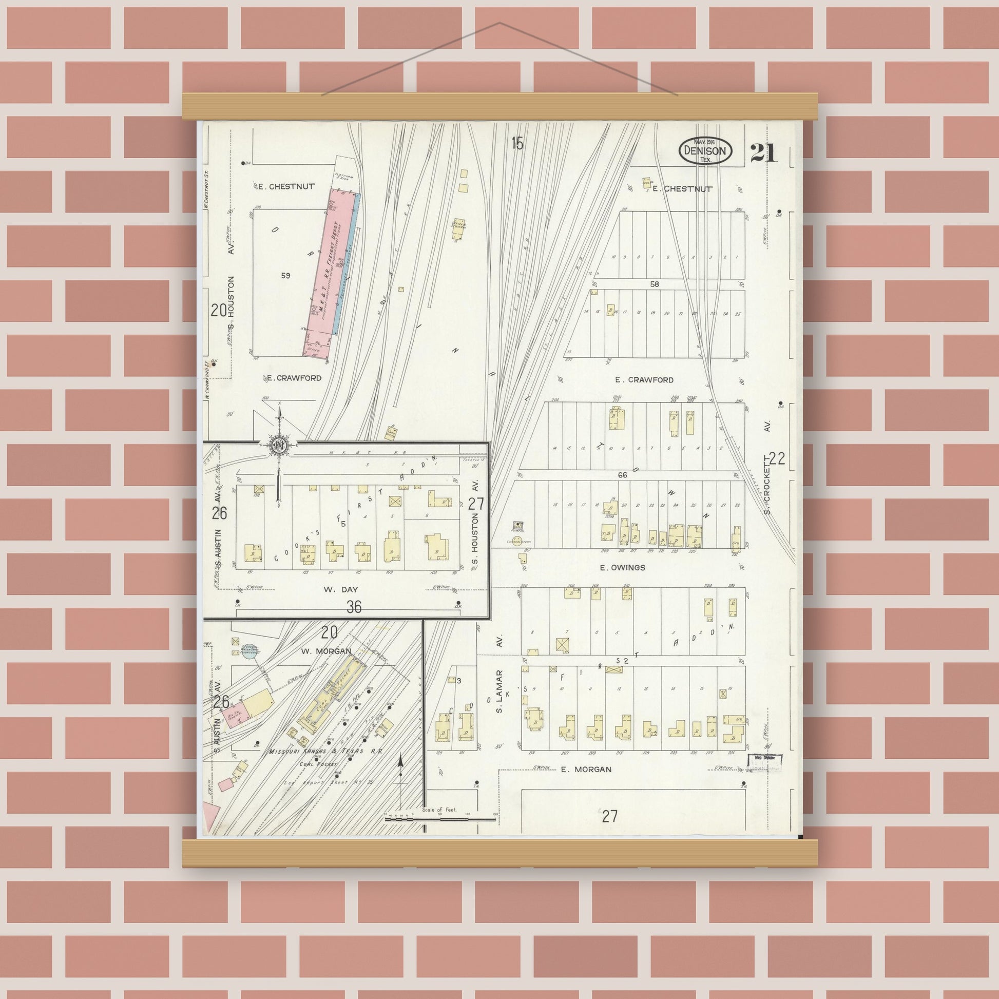 Old map wall art mockup — magnetic wood frame on brick wall — Sanborn Fire Insurance Map from Denison, Grayson County, Texas (1914), Sheet #0021