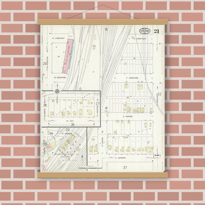 Old map wall art mockup — magnetic wood frame on brick wall — Sanborn Fire Insurance Map from Denison, Grayson County, Texas (1914), Sheet #0021