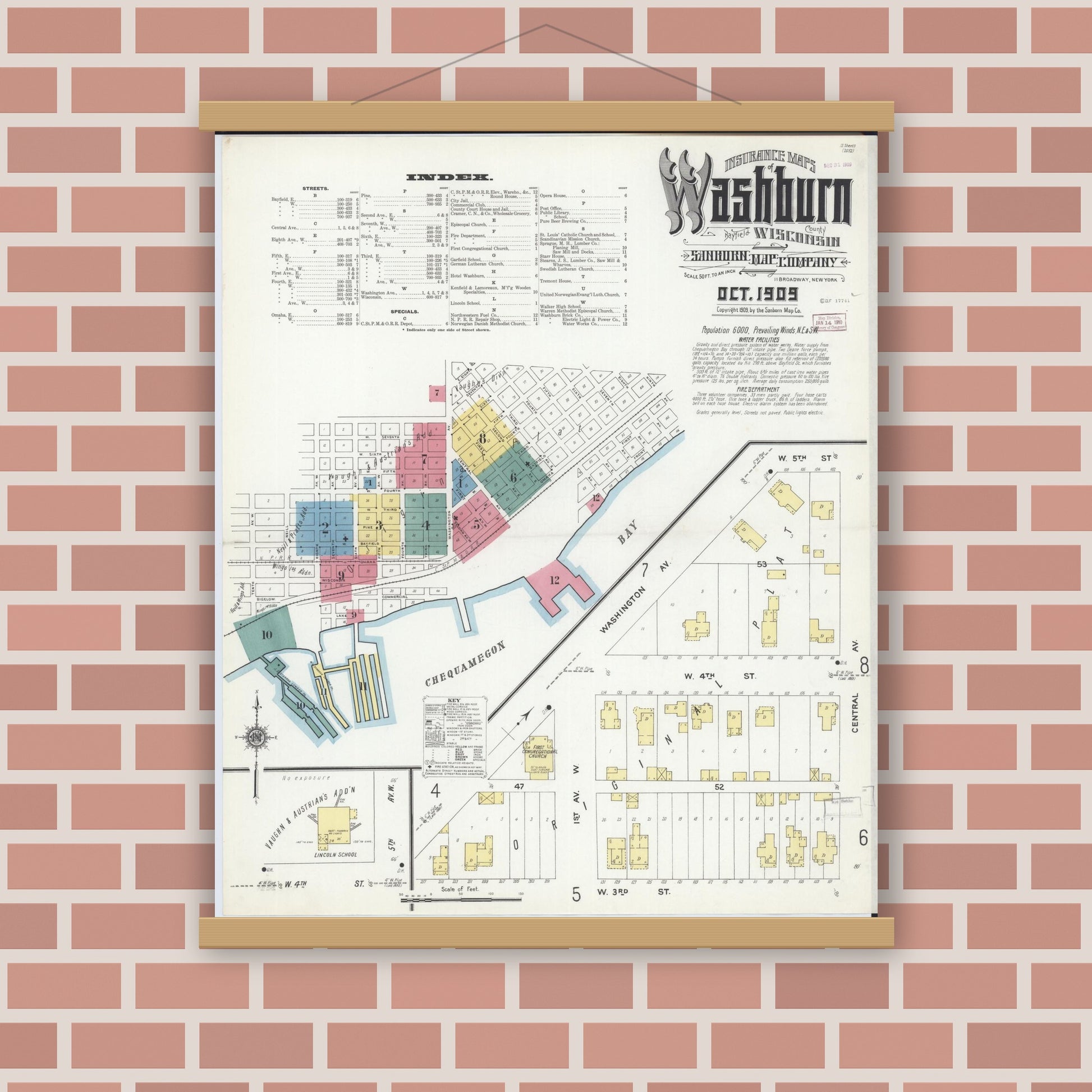 Old map wall art mockup — magnetic wood frame on brick wall — Sanborn Fire Insurance Map from Washburn, Bayfield County, Wisconsin (1909) - Complete Map Set