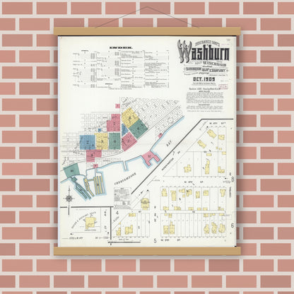 Old map wall art mockup — magnetic wood frame on brick wall — Sanborn Fire Insurance Map from Washburn, Bayfield County, Wisconsin (1909) - Complete Map Set