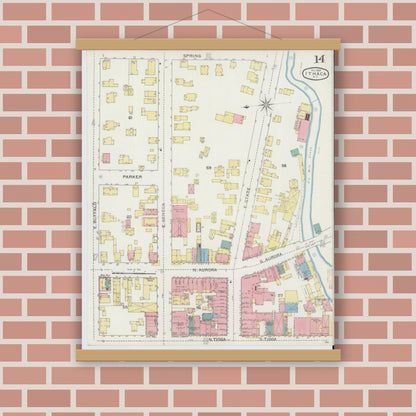 Old map wall art mockup — magnetic wood frame on brick wall — Sanborn Fire Insurance Map from Ithaca, Tompkins County, New York (1893), Sheet #0014