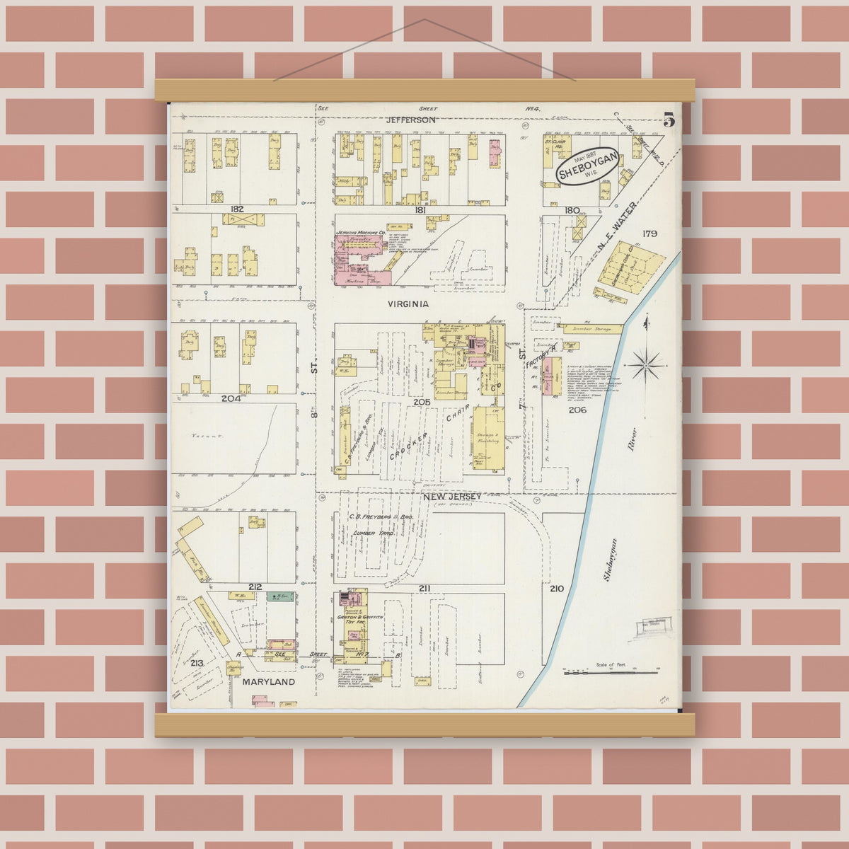 Old map wall art mockup — magnetic wood frame on brick wall — Sanborn Fire Insurance Map from Sheboygan, Sheboygan County, Wisconsin (1887), Sheet #0005