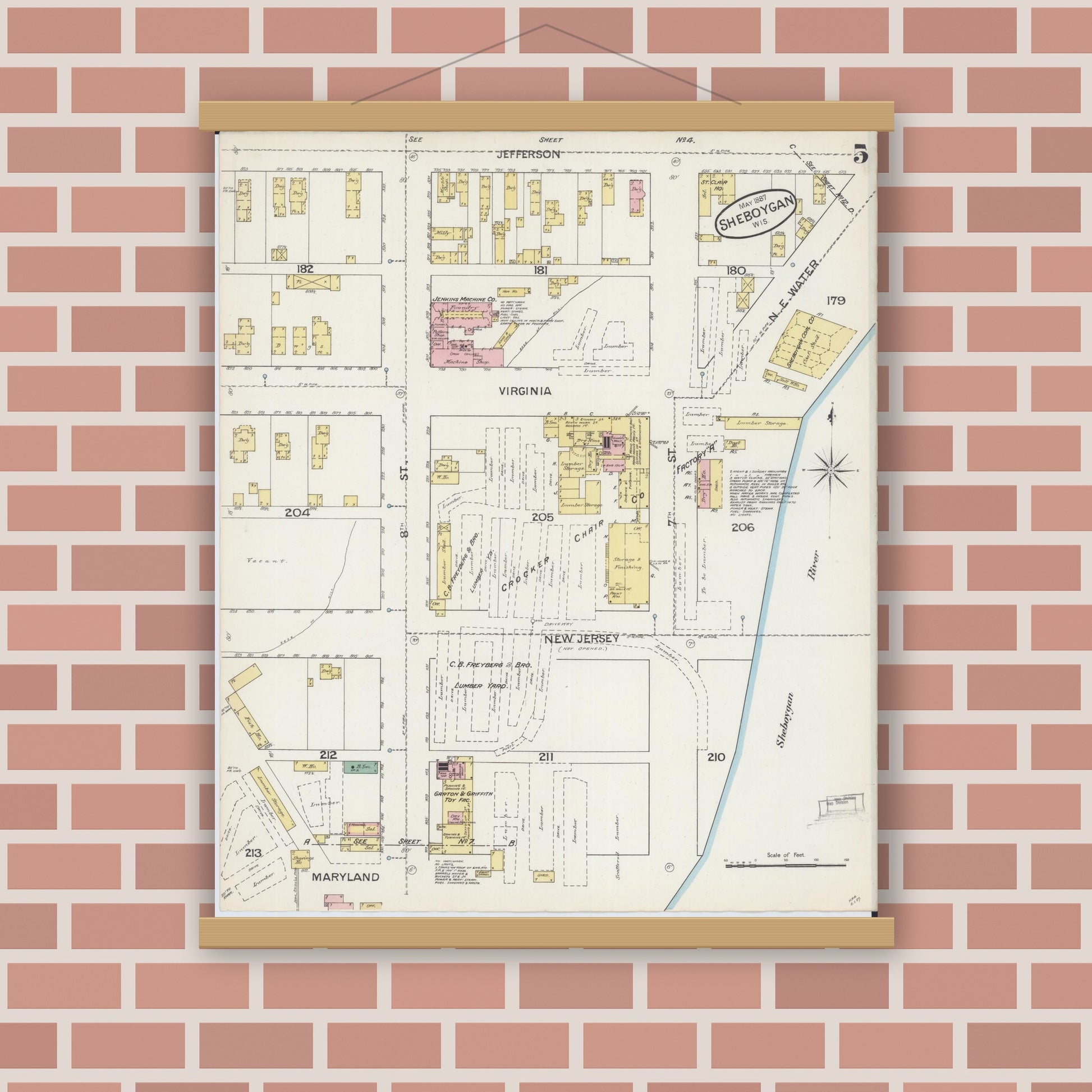 Old map wall art mockup — magnetic wood frame on brick wall — Sanborn Fire Insurance Map from Sheboygan, Sheboygan County, Wisconsin (1887), Sheet #0005