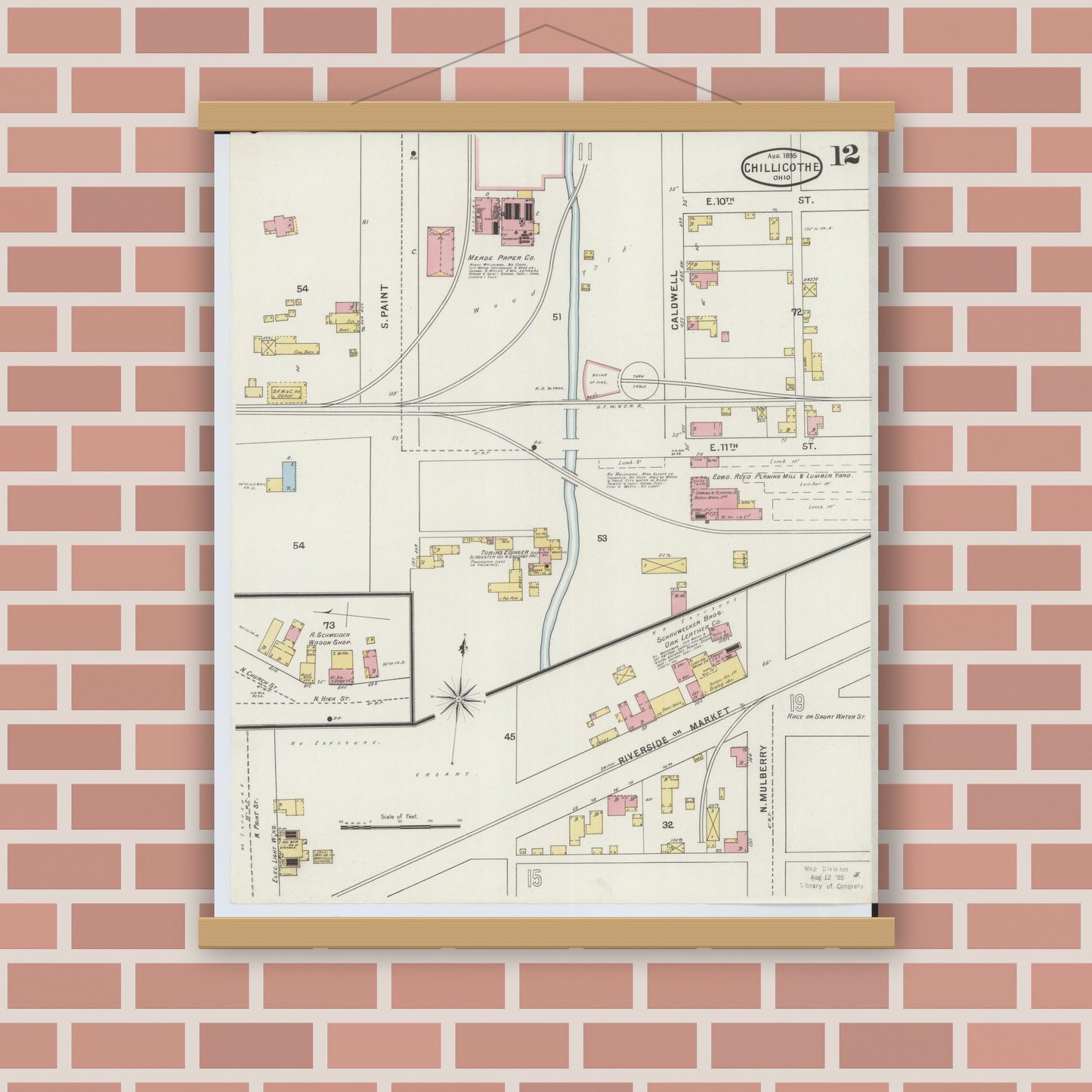 Old map wall art mockup — magnetic wood frame on brick wall — Sanborn Fire Insurance Map from Chillicothe, Ross County, Ohio (1895), Sheet #0012