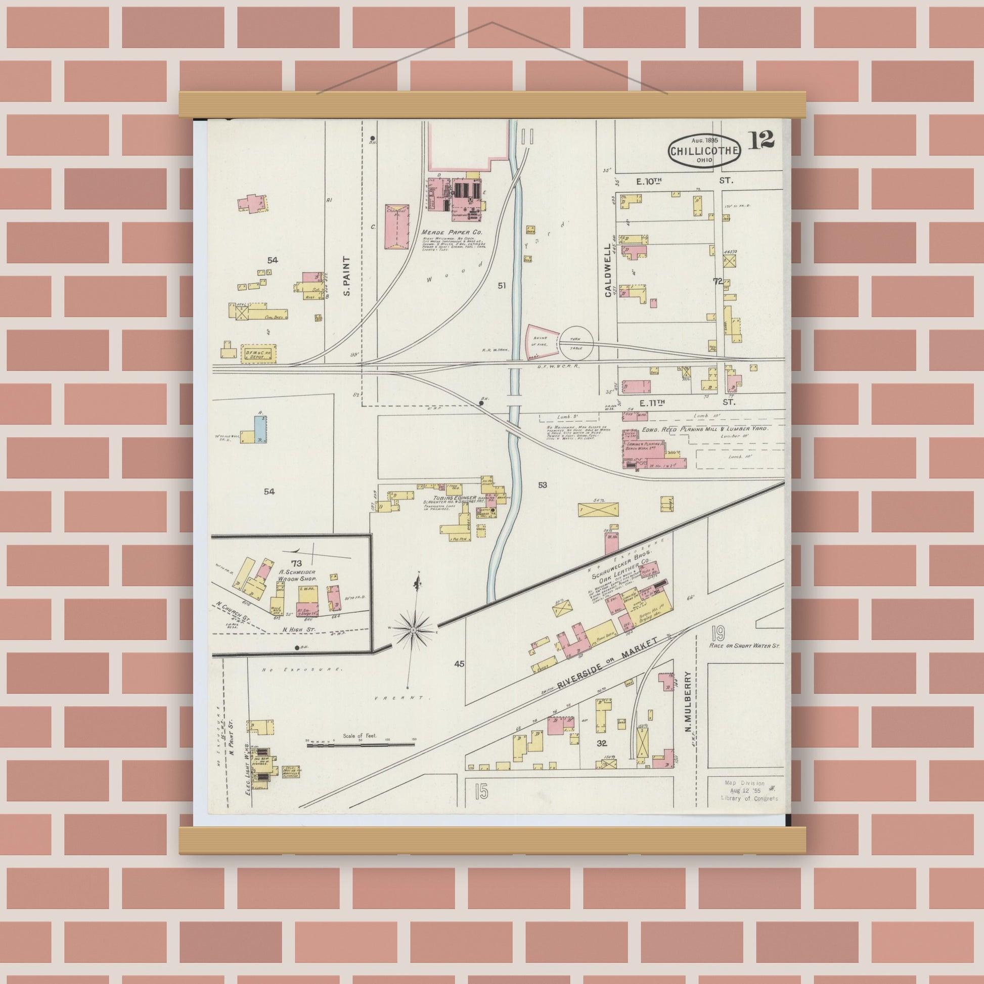Old map wall art mockup — magnetic wood frame on brick wall — Sanborn Fire Insurance Map from Chillicothe, Ross County, Ohio (1895), Sheet #0012