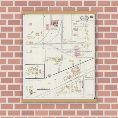 Old map wall art mockup — magnetic wood frame on brick wall — Sanborn Fire Insurance Map from Chillicothe, Ross County, Ohio (1895), Sheet #0012