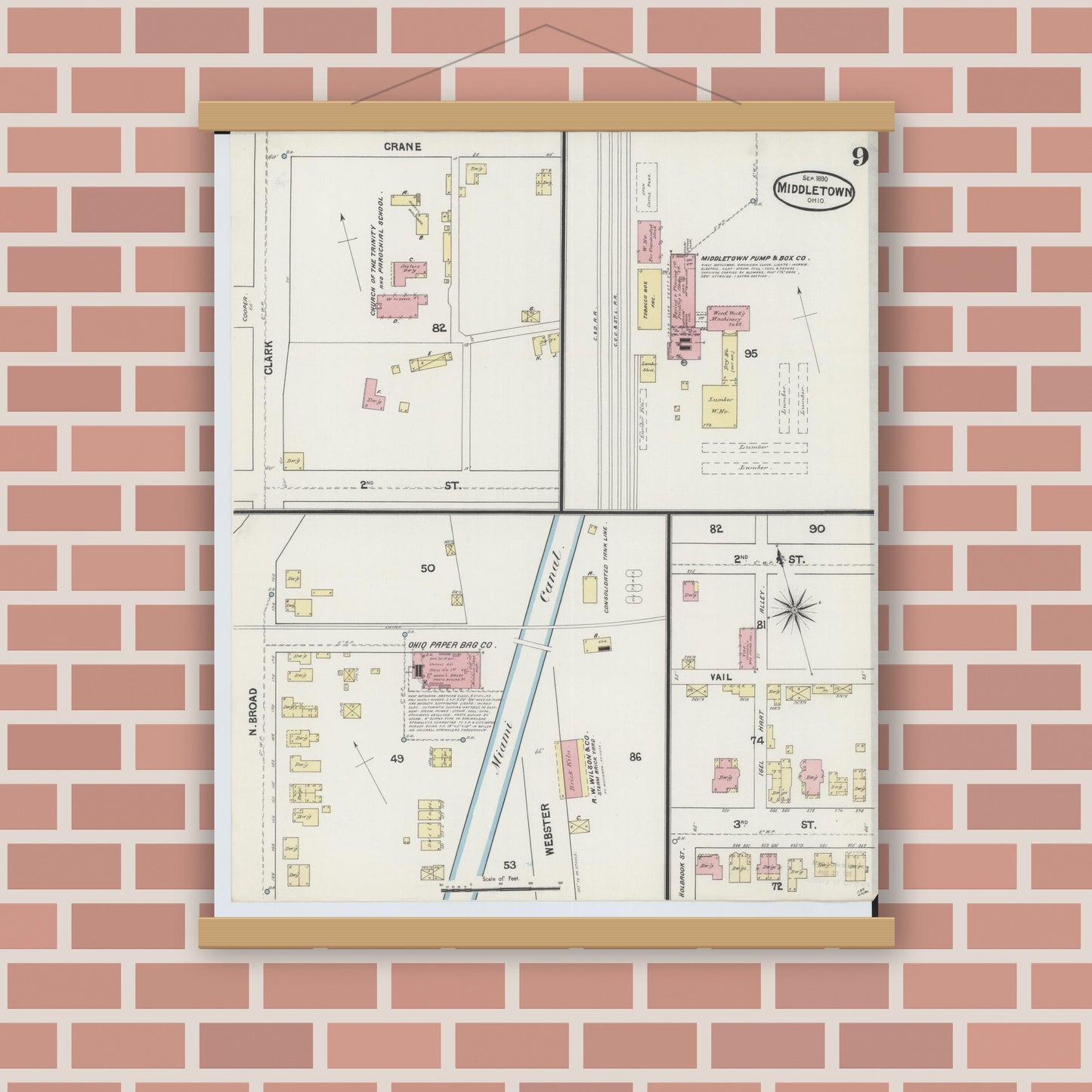 Old map wall art mockup — magnetic wood frame on brick wall — Sanborn Fire Insurance Map from Middletown, Butler County, Ohio (1890), Sheet #0009