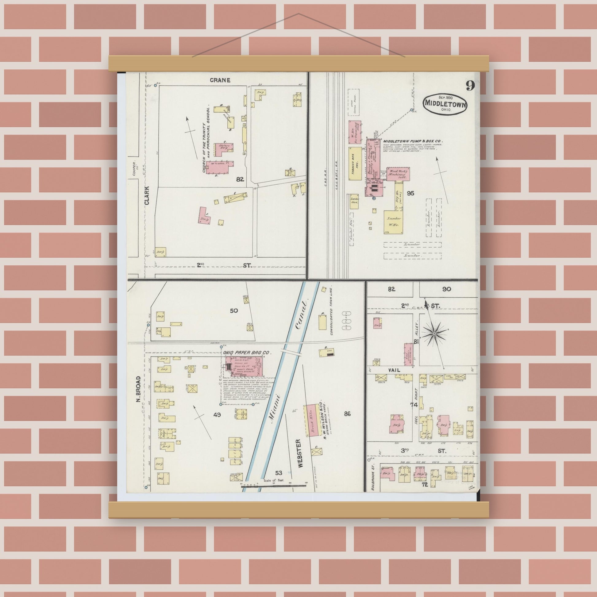 Old map wall art mockup — magnetic wood frame on brick wall — Sanborn Fire Insurance Map from Middletown, Butler County, Ohio (1890), Sheet #0009