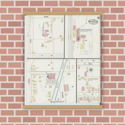 Old map wall art mockup — magnetic wood frame on brick wall — Sanborn Fire Insurance Map from Middletown, Butler County, Ohio (1890), Sheet #0009