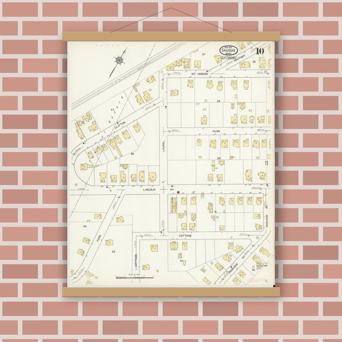 Old map wall art mockup — magnetic wood frame on brick wall — Sanborn Fire Insurance Map from Saugus, Essex County, Massachusetts (1913), Sheet #0010