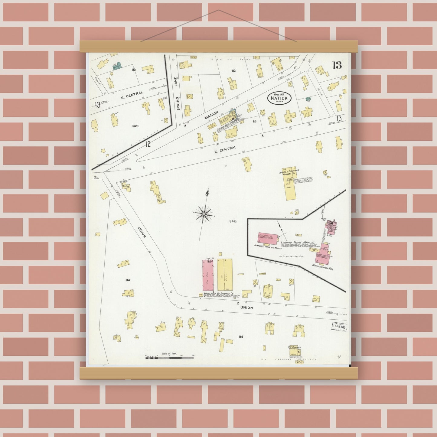 Old map wall art mockup — magnetic wood frame on brick wall — Sanborn Fire Insurance Map from Natick, Middlesex County, Massachusetts (1909), Sheet #0013