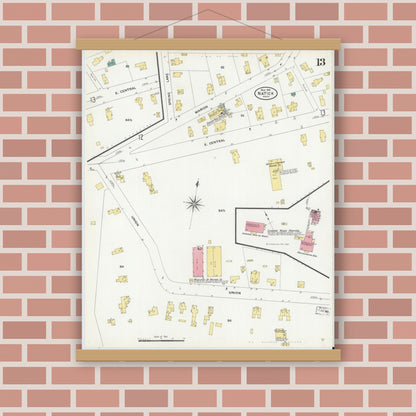 Old map wall art mockup — magnetic wood frame on brick wall — Sanborn Fire Insurance Map from Natick, Middlesex County, Massachusetts (1909), Sheet #0013