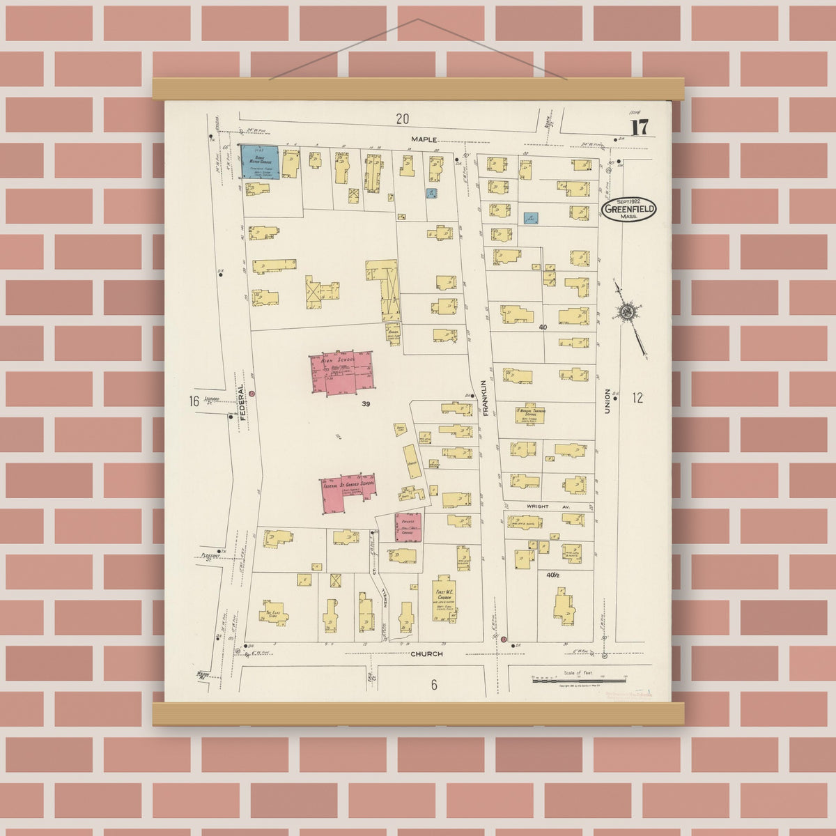 Old map wall art mockup — magnetic wood frame on brick wall — Sanborn Fire Insurance Map from Greenfield, Franklin County, Massachusetts (1922), Sheet #0017