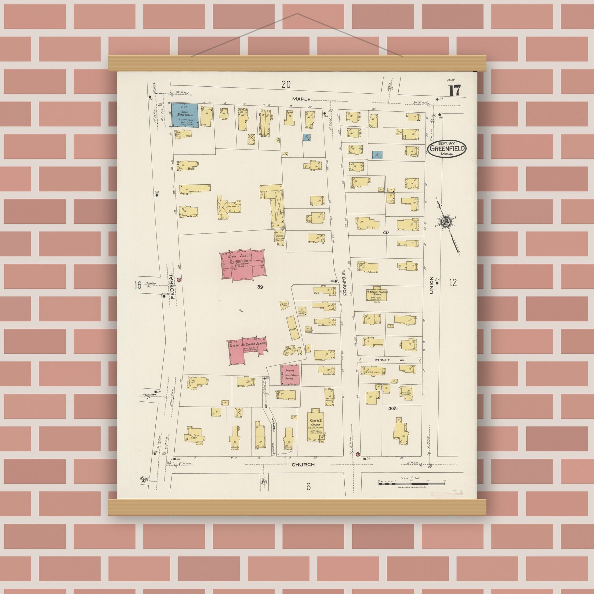 Old map wall art mockup — magnetic wood frame on brick wall — Sanborn Fire Insurance Map from Greenfield, Franklin County, Massachusetts (1922), Sheet #0017