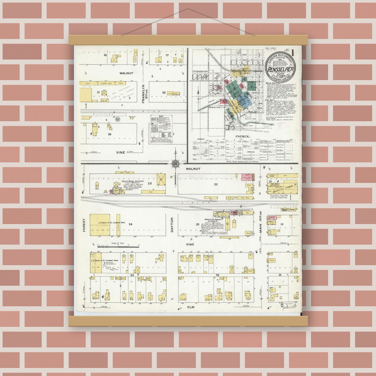 Old map wall art mockup — magnetic wood frame on brick wall — Sanborn Fire Insurance Map from Rensselaer, Jasper County, Indiana (1909) - Complete Map Set