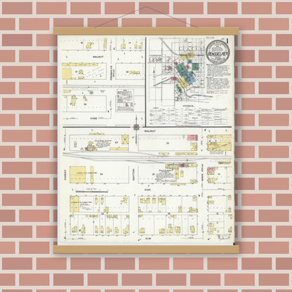Old map wall art mockup — magnetic wood frame on brick wall — Sanborn Fire Insurance Map from Rensselaer, Jasper County, Indiana (1909) - Complete Map Set