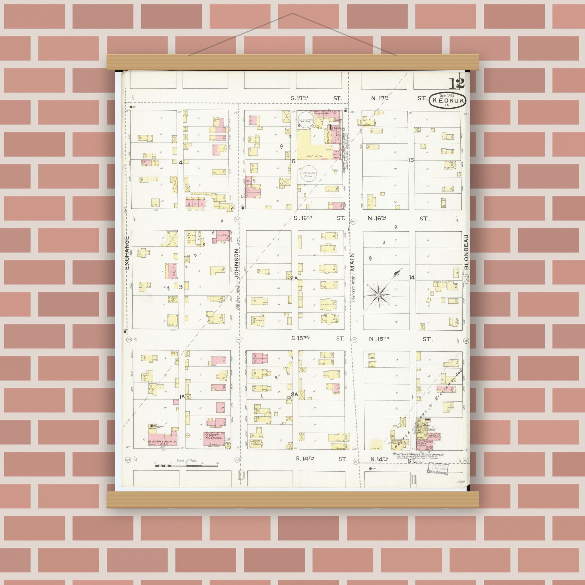 Old map wall art mockup — magnetic wood frame on brick wall — Sanborn Fire Insurance Map from Keokuk, Lee County, Iowa (1893), Sheet #0012